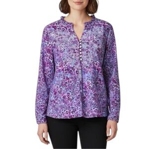 LOGO Lavish Sz XL Purple Embroidered Animal Print Ruffle Pop Over Blouse Top